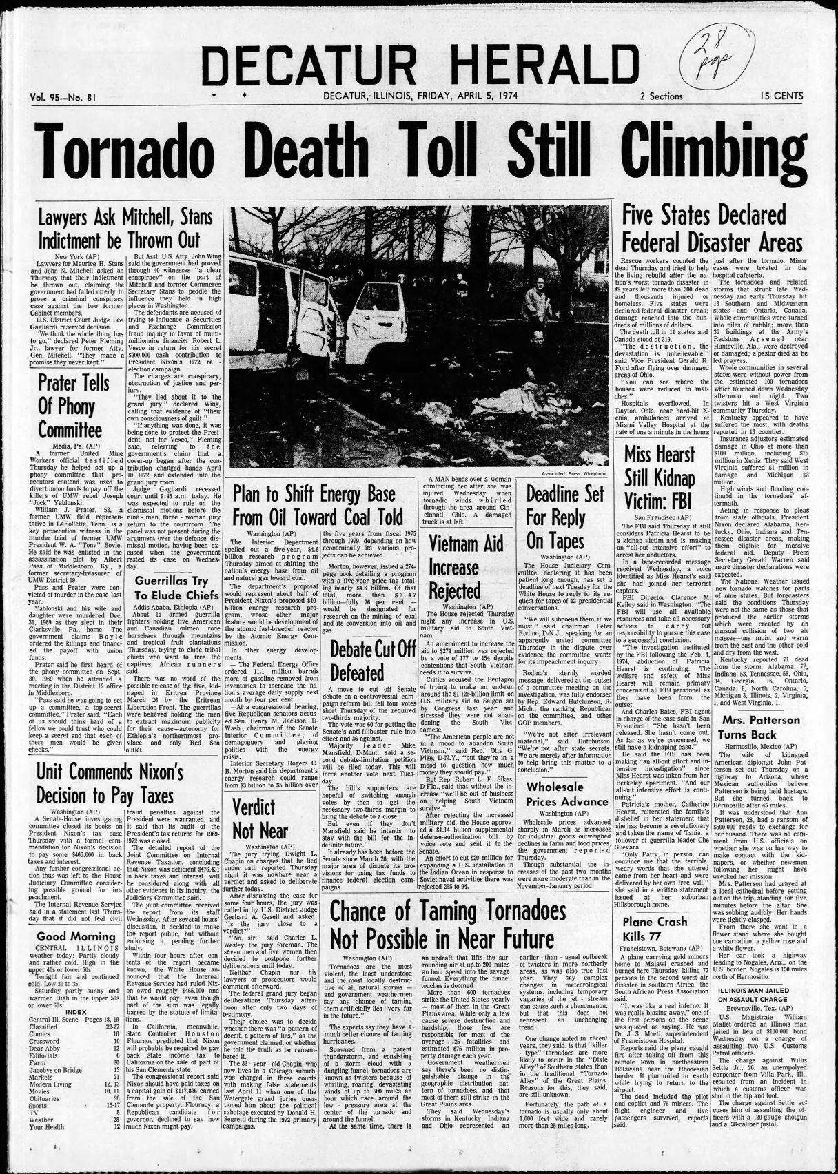 April 5, 1974, Decatur Herald front page